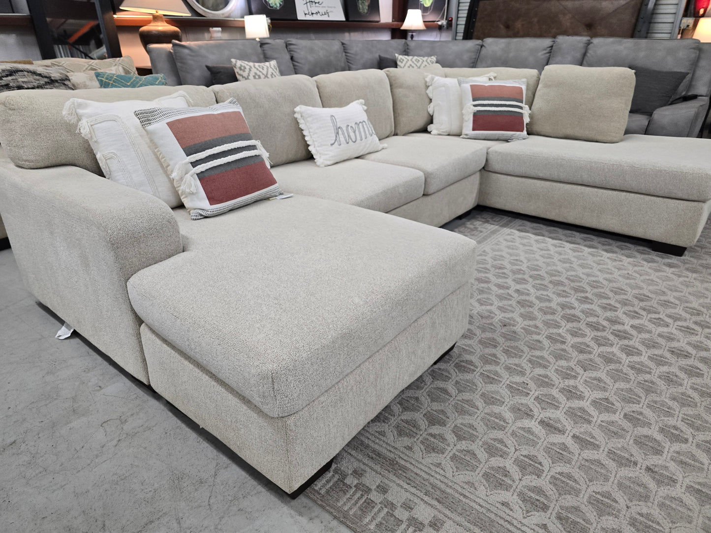 Beige U-Shaped Sectional Couch with Double Chaise Lounges