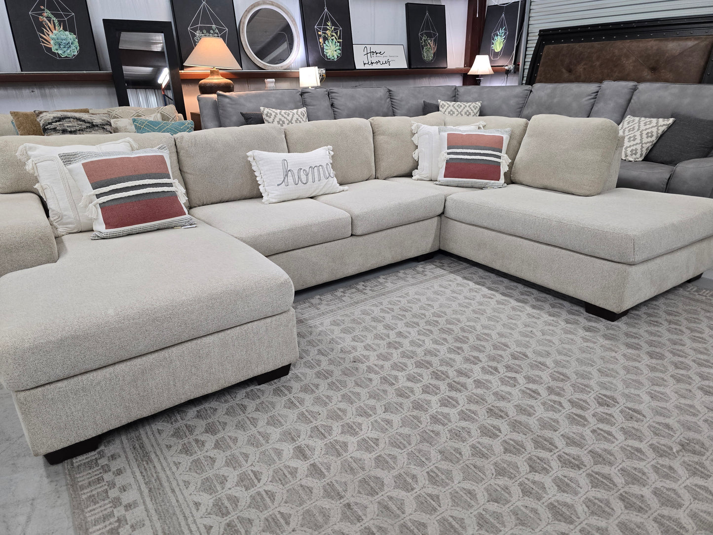 Beige U-Shaped Sectional Couch with Double Chaise Lounges