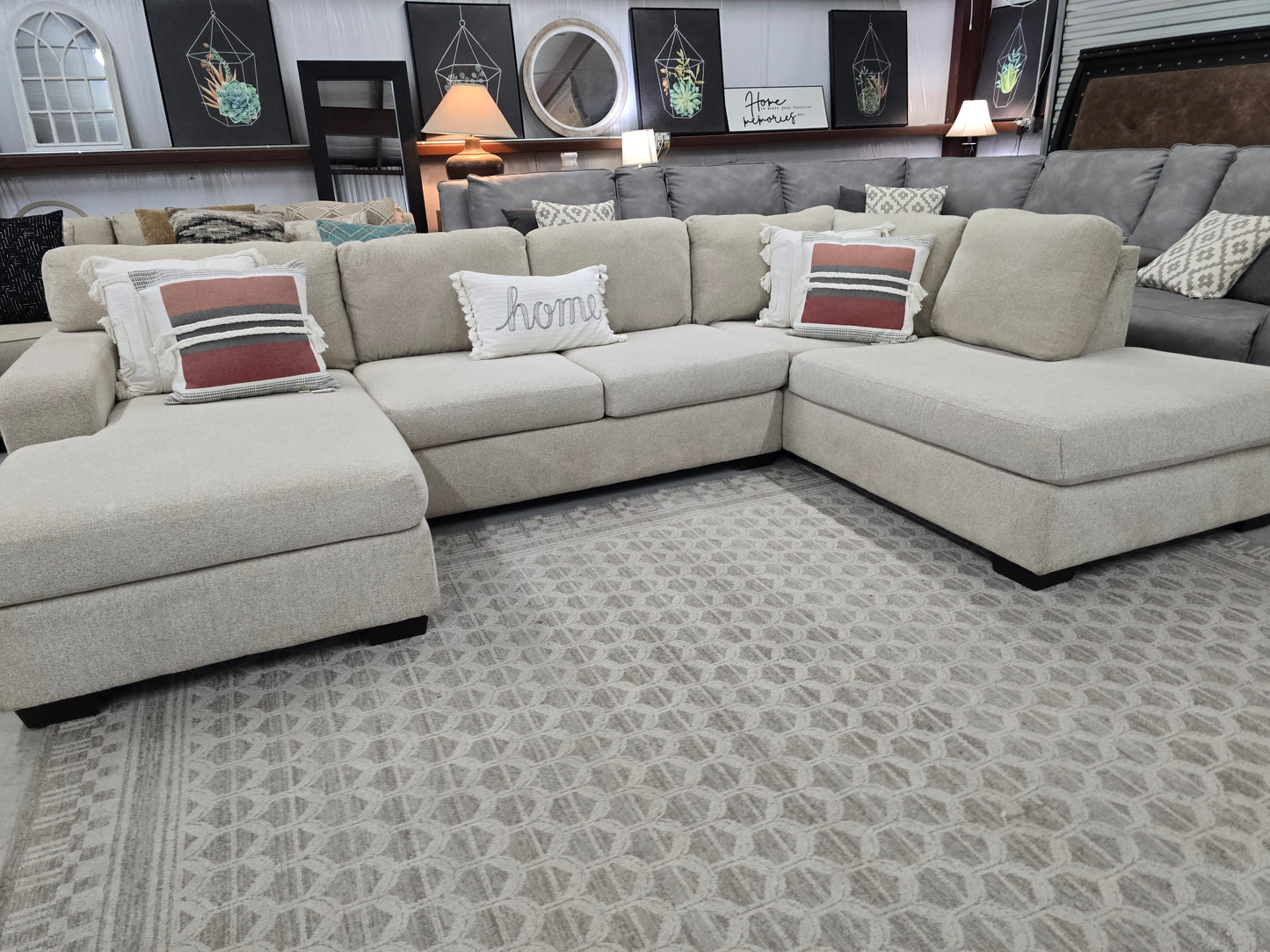 Beige U-Shaped Sectional Couch with Double Chaise Lounges
