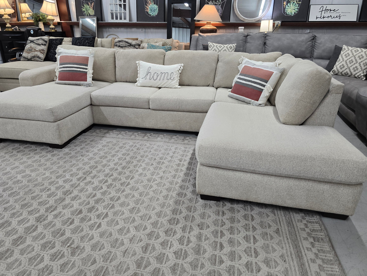 Beige U-Shaped Sectional Couch with Double Chaise Lounges