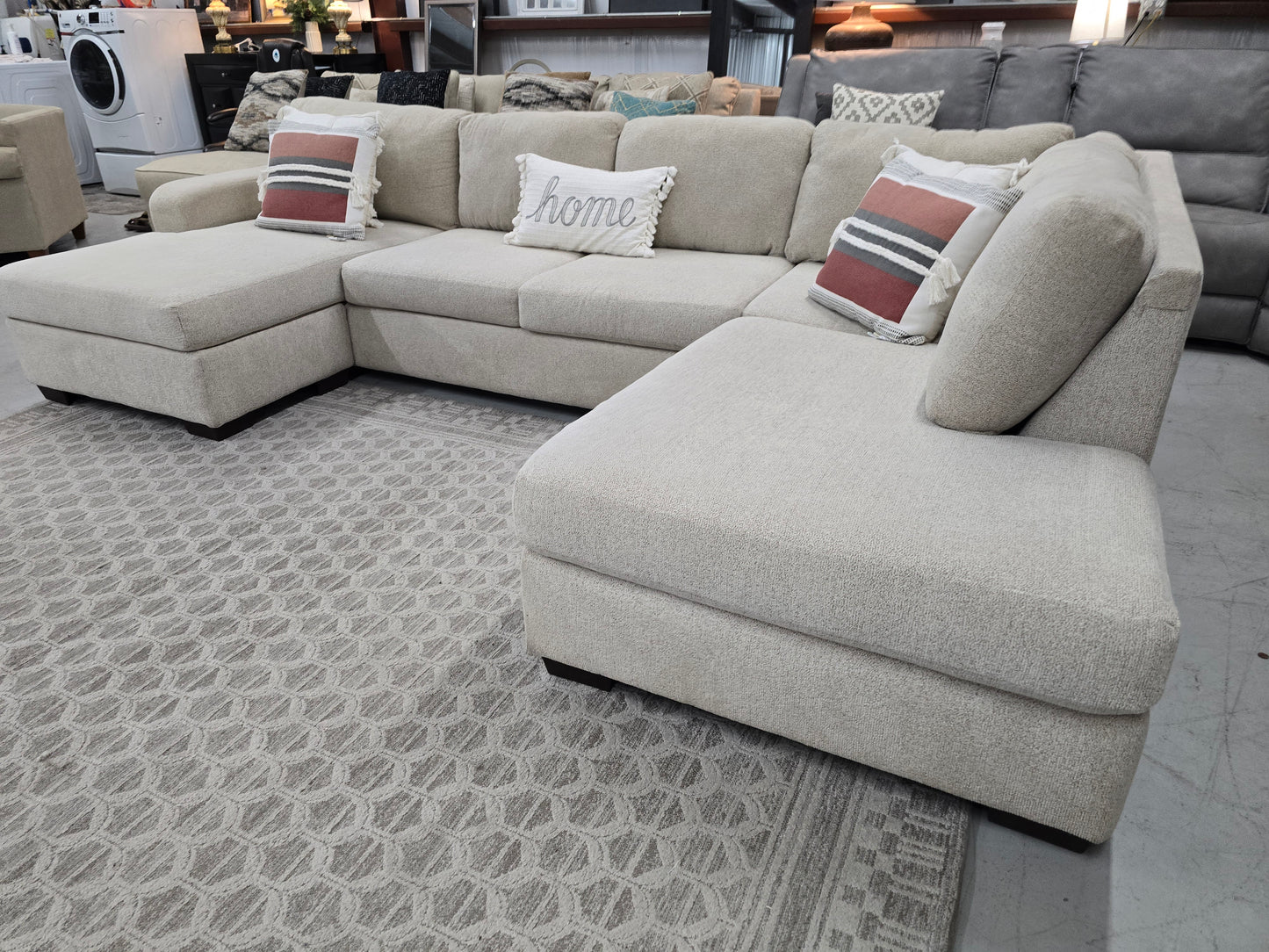 Beige U-Shaped Sectional Couch with Double Chaise Lounges