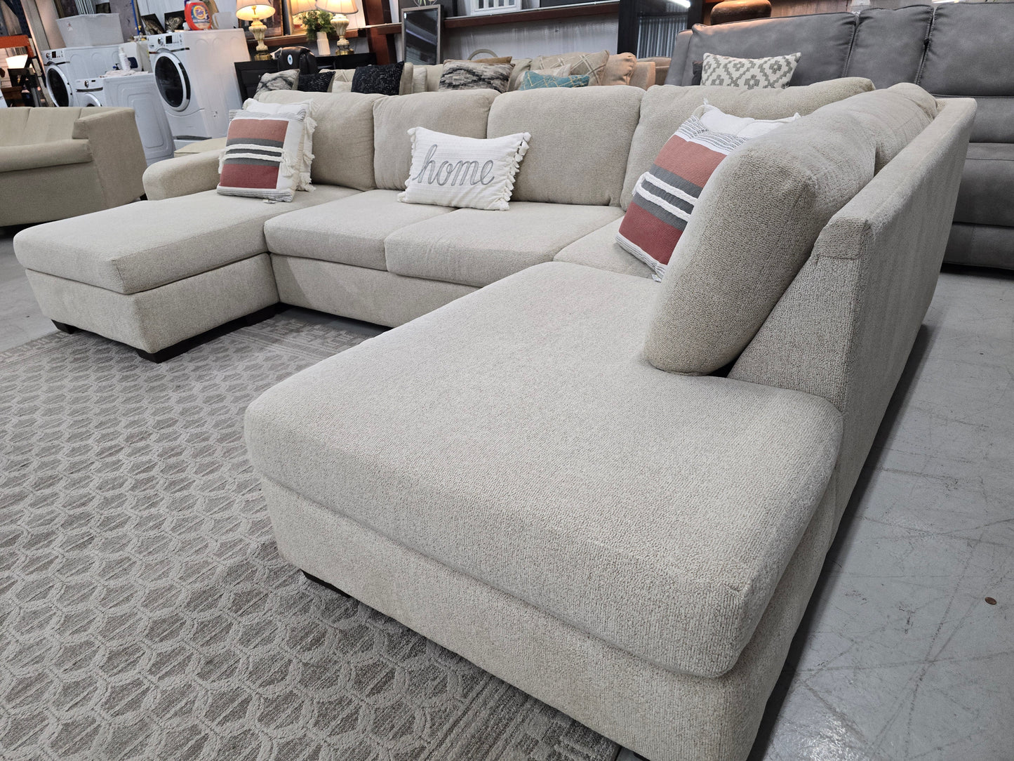 Beige U-Shaped Sectional Couch with Double Chaise Lounges