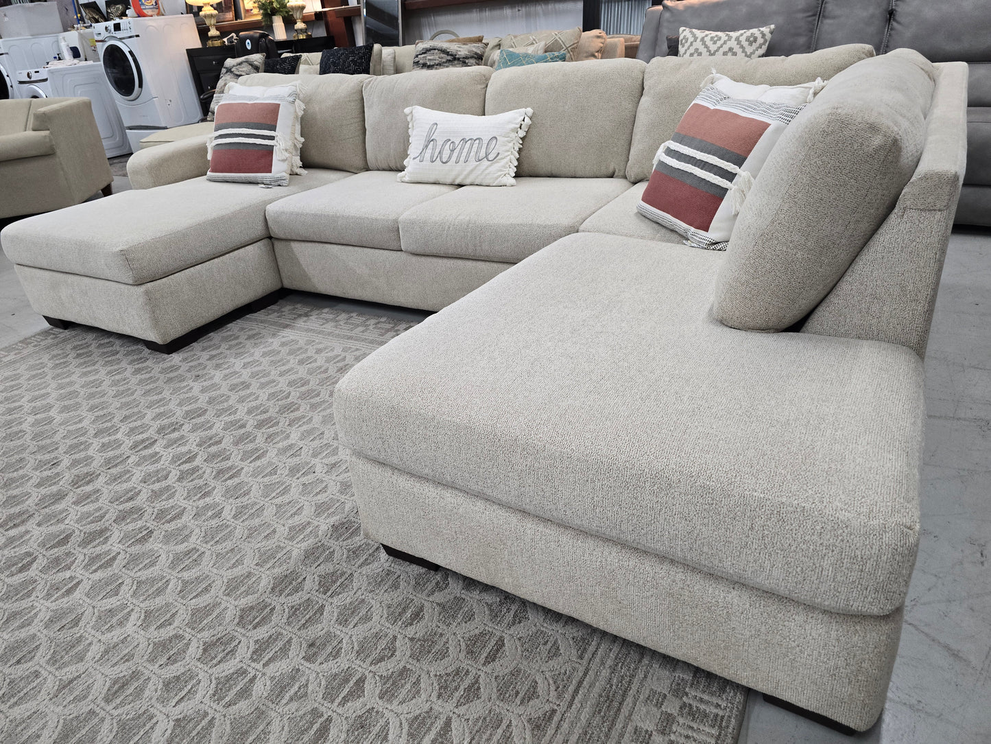 Beige U-Shaped Sectional Couch with Double Chaise Lounges