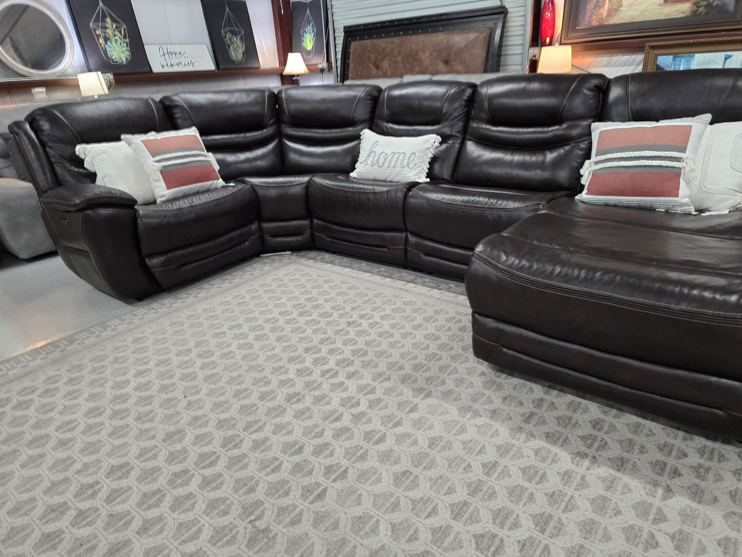 Brown Power Reclining Leather Sectional Couch with Chaise Lounge