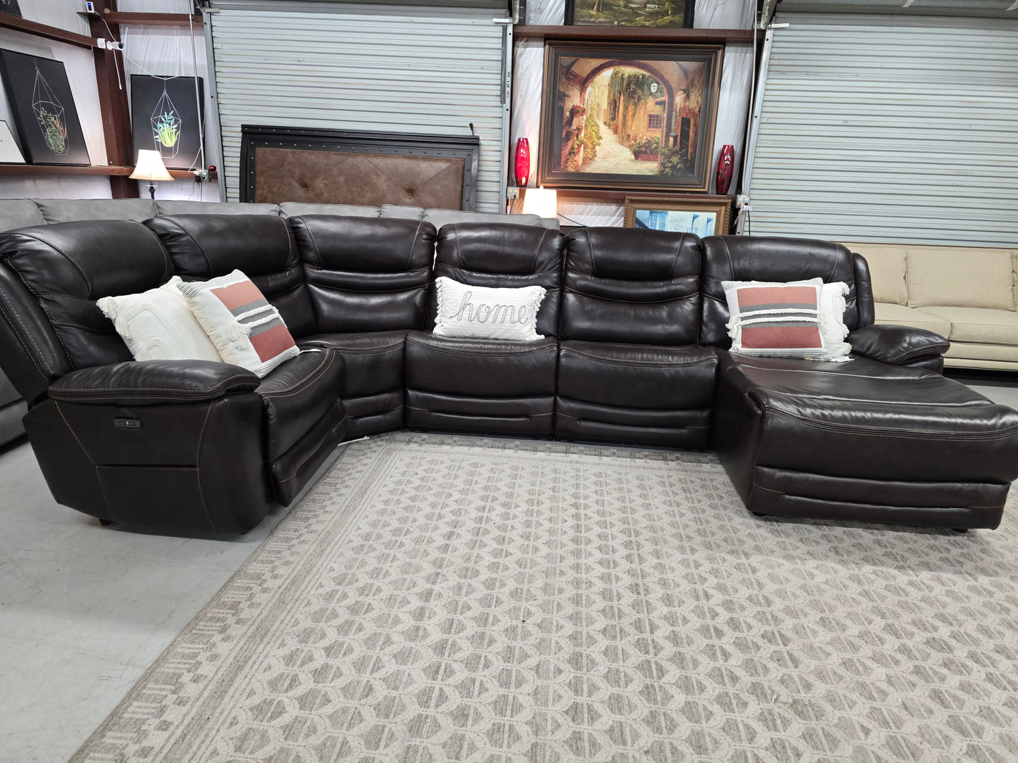 Brown Power Reclining Leather Sectional Couch with Chaise Lounge
