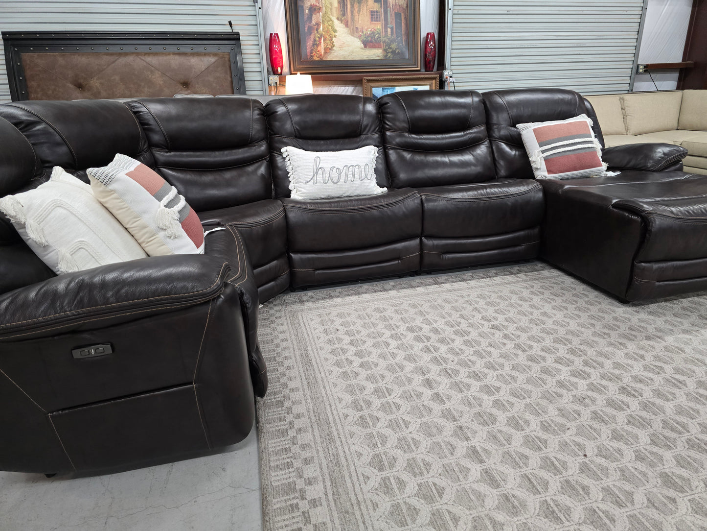 Brown Power Reclining Leather Sectional Couch with Chaise Lounge