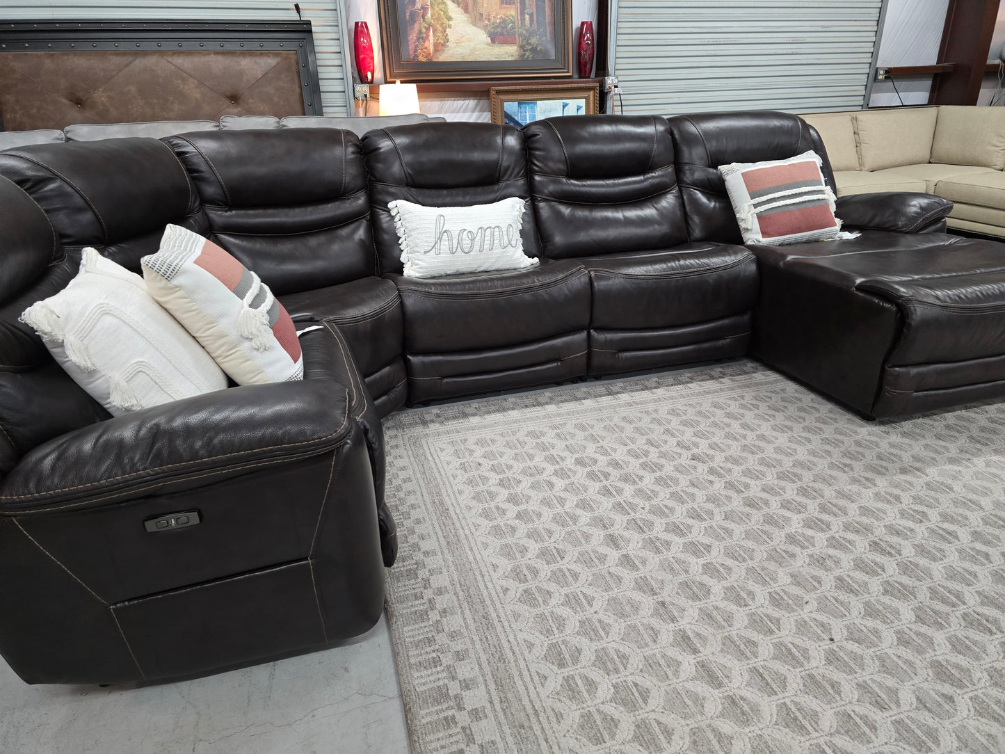 Brown Power Reclining Leather Sectional Couch with Chaise Lounge