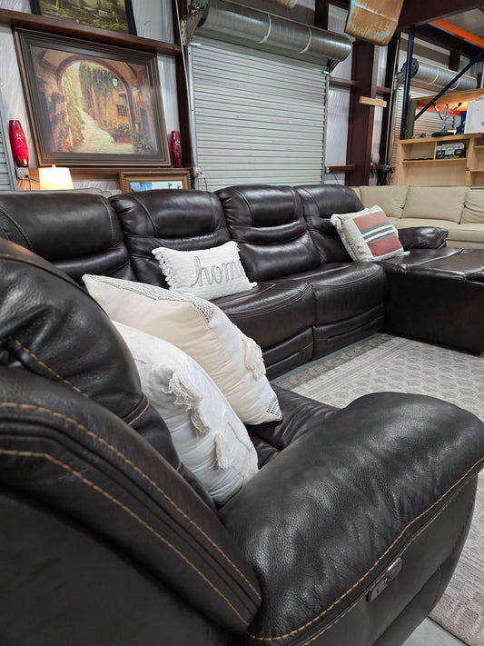 Brown Power Reclining Leather Sectional Couch with Chaise Lounge