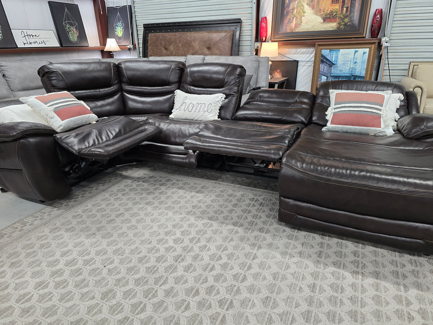Brown Power Reclining Leather Sectional Couch with Chaise Lounge