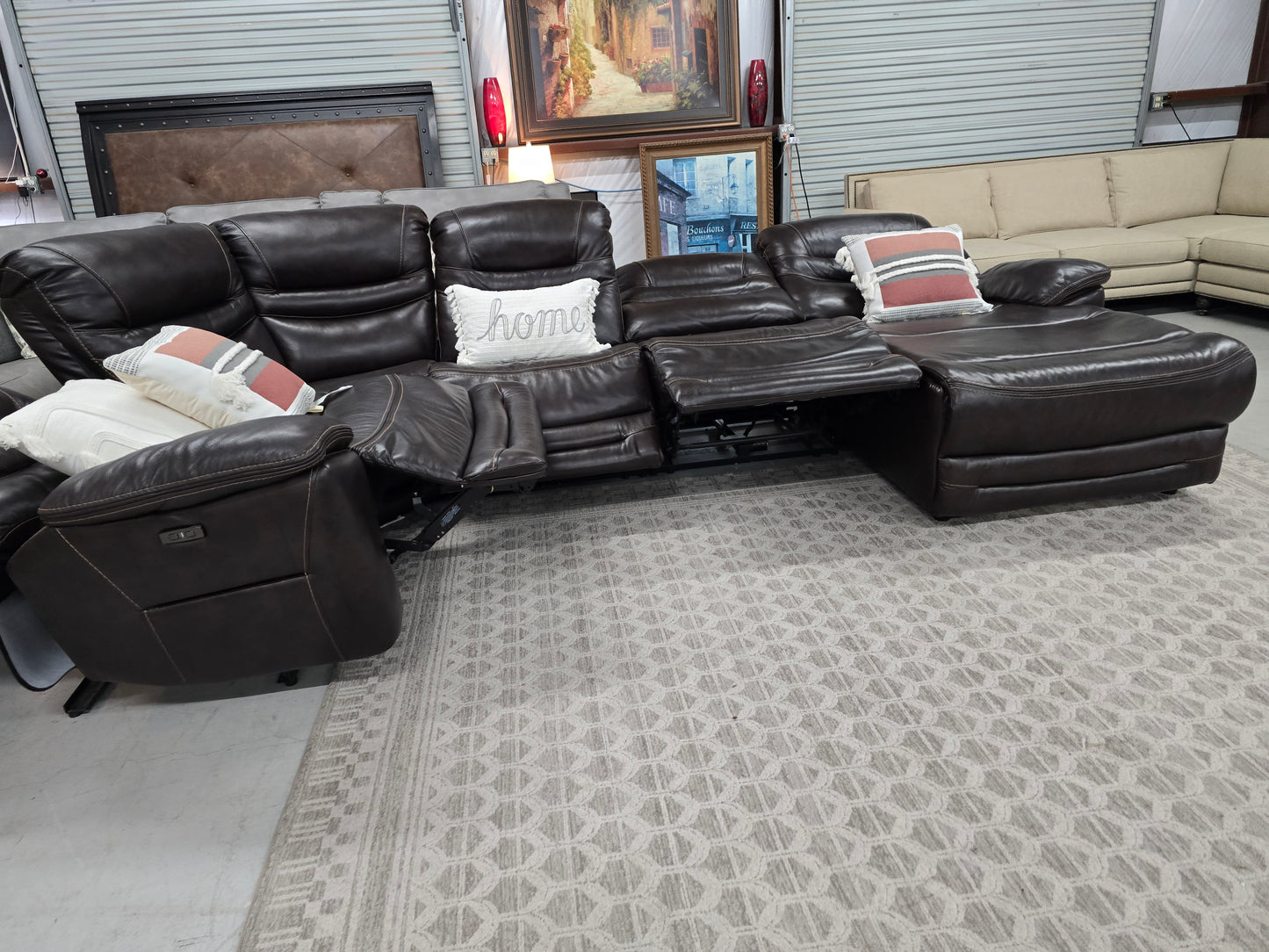 Brown Power Reclining Leather Sectional Couch with Chaise Lounge