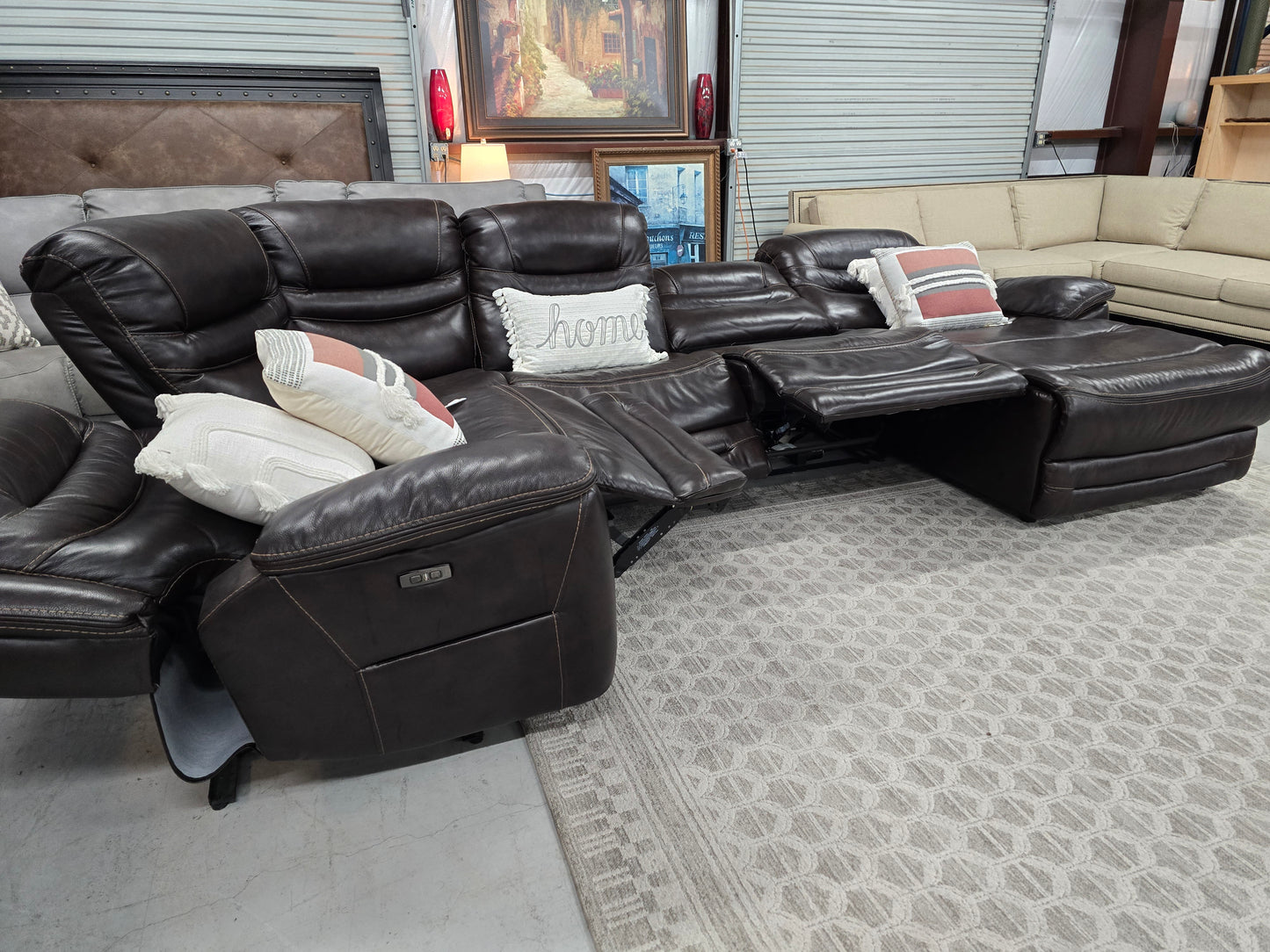 Brown Power Reclining Leather Sectional Couch with Chaise Lounge