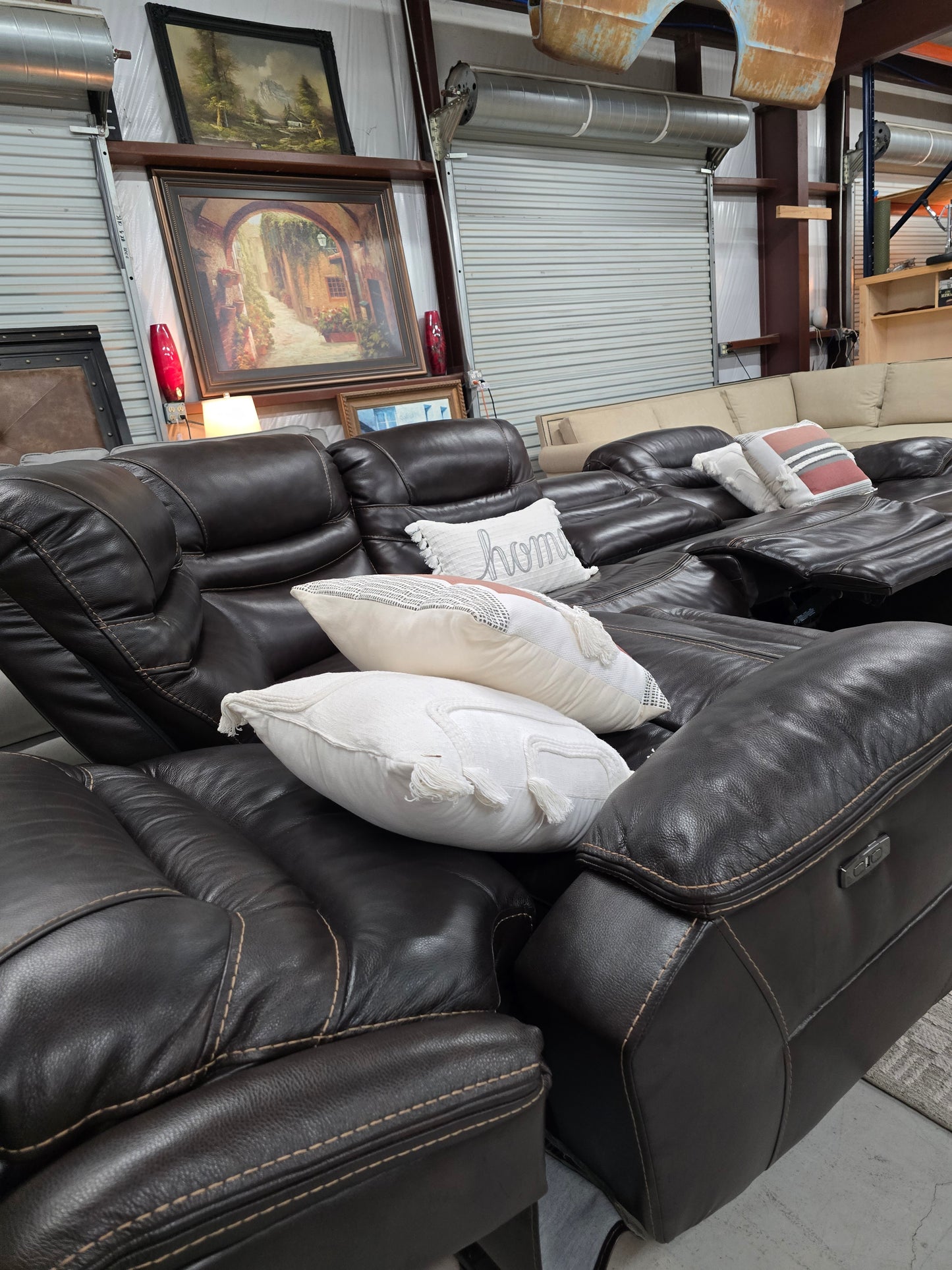 Brown Power Reclining Leather Sectional Couch with Chaise Lounge