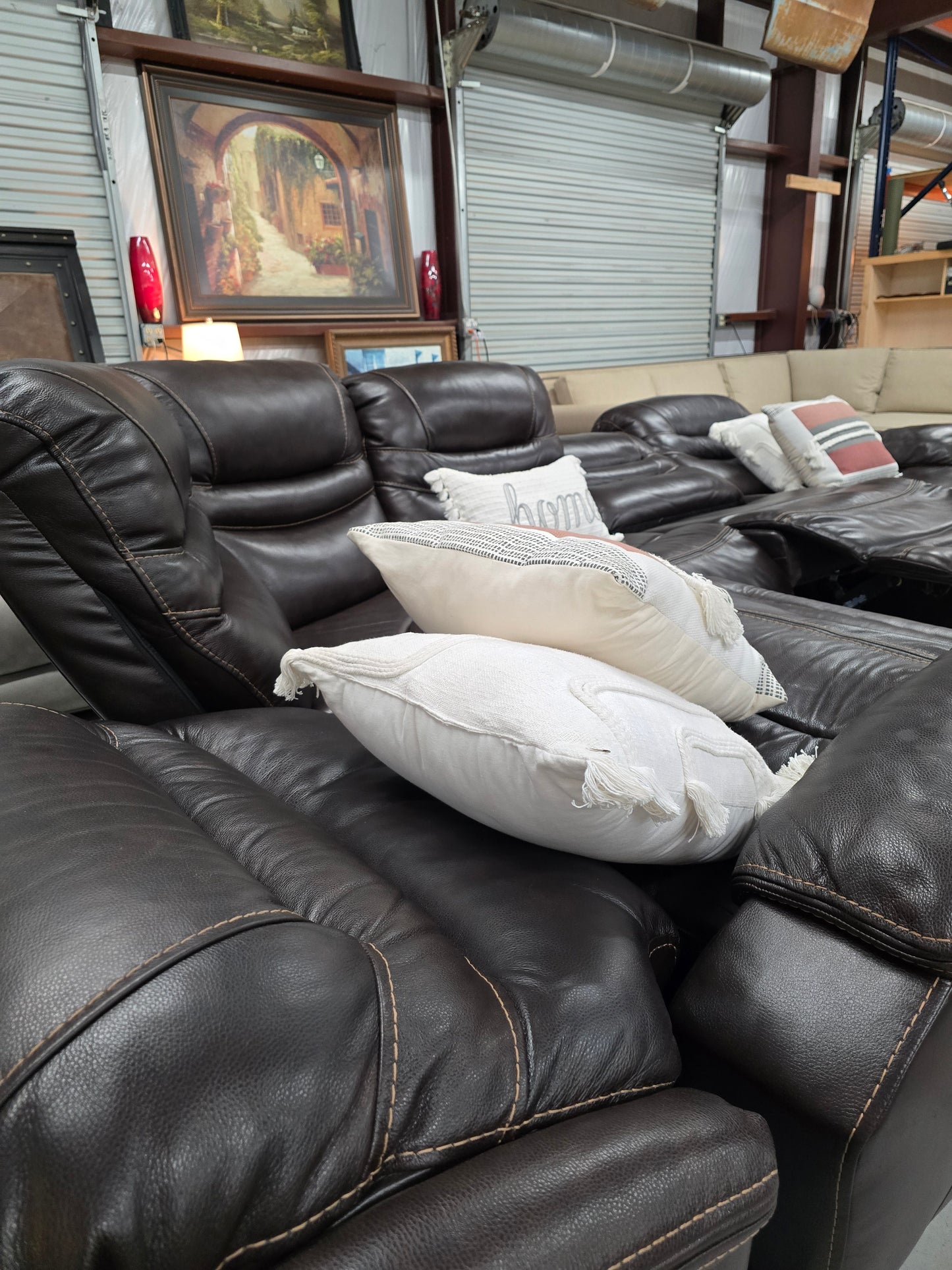 Brown Power Reclining Leather Sectional Couch with Chaise Lounge