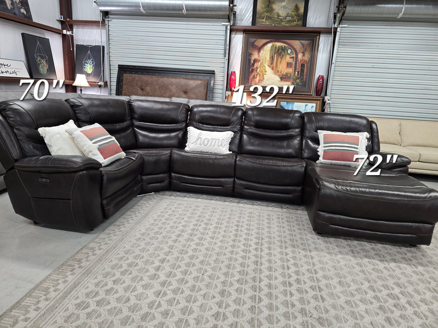 Brown Power Reclining Leather Sectional Couch with Chaise Lounge