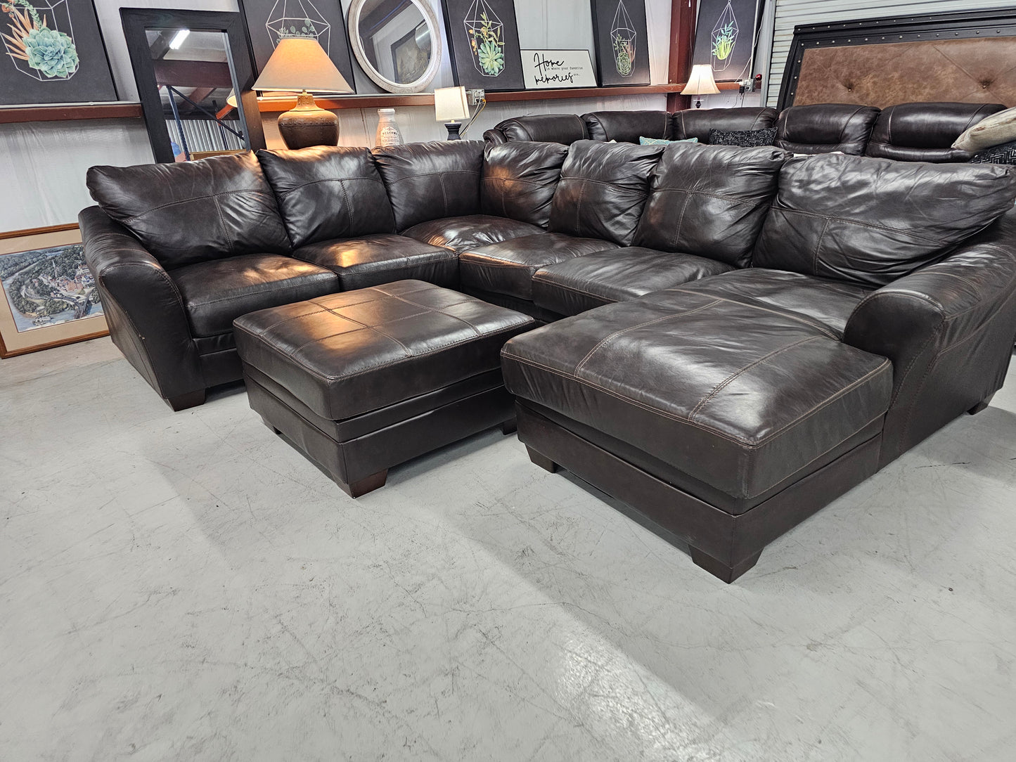 Dark Brown Leather Sectional Couch with Ottoman