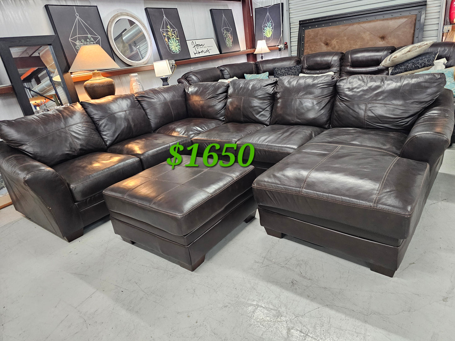 Dark Brown Leather Sectional Couch with Ottoman