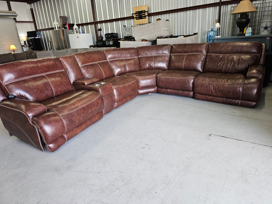 Brown Power Reclining Leather Sectional - D19