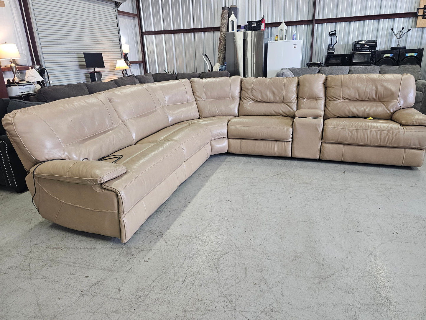 Beige Power Reclining Leather Sectional Couch with 3 Recliners - D25