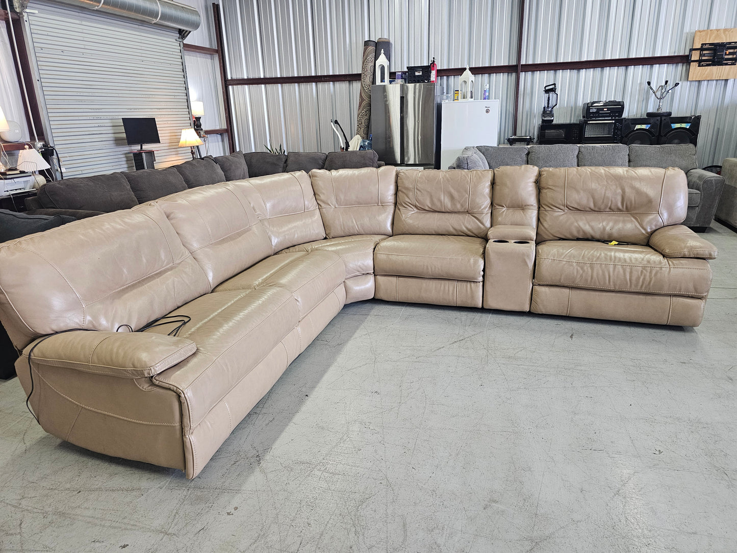 Beige Power Reclining Leather Sectional Couch with 3 Recliners - D25