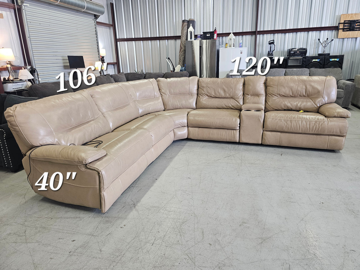 Beige Power Reclining Leather Sectional Couch with 3 Recliners - D25