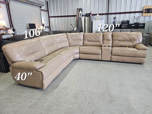 Beige Power Reclining Leather Sectional Couch with 3 Recliners - D25