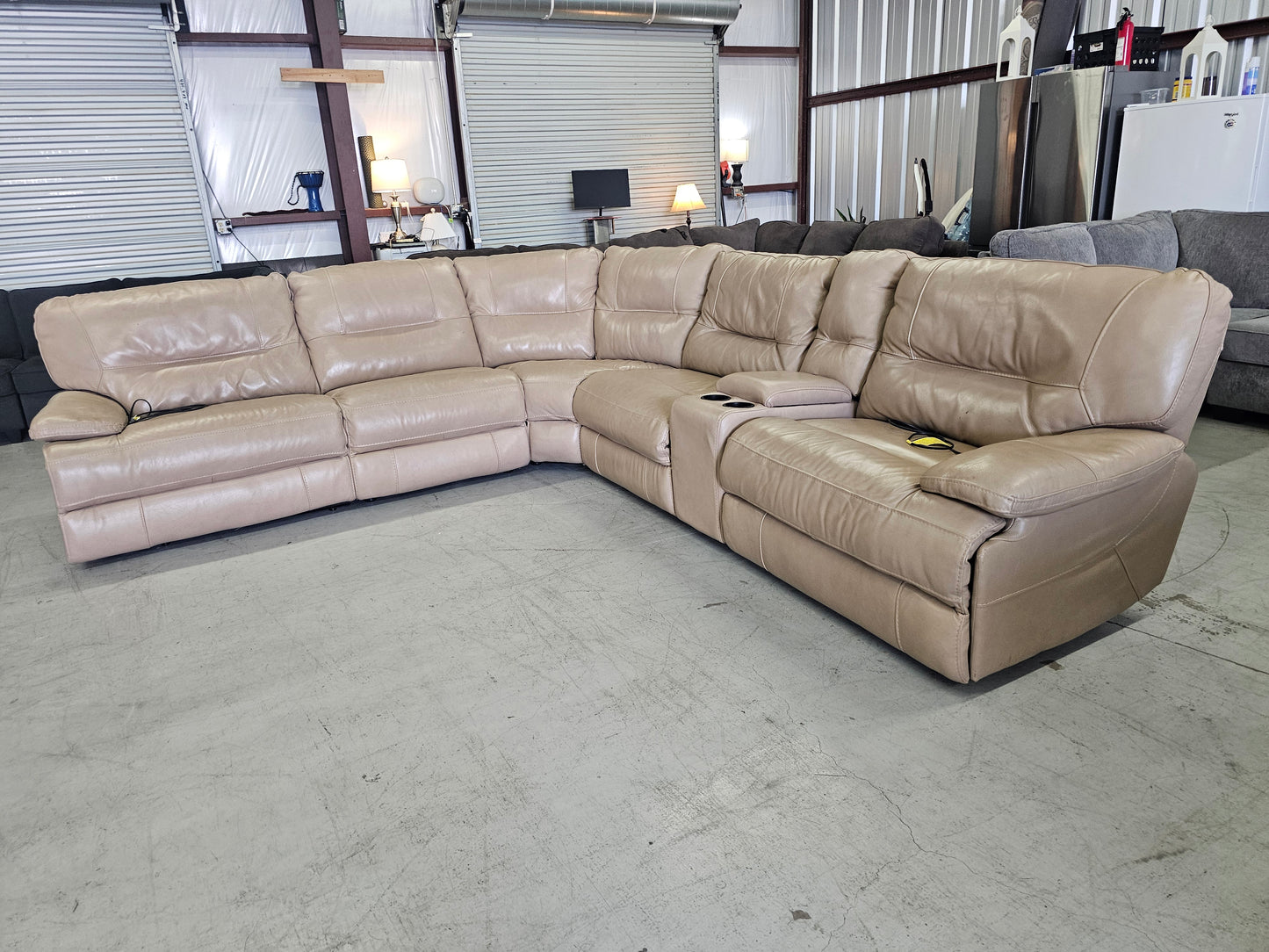 Beige Power Reclining Leather Sectional Couch with 3 Recliners - D25