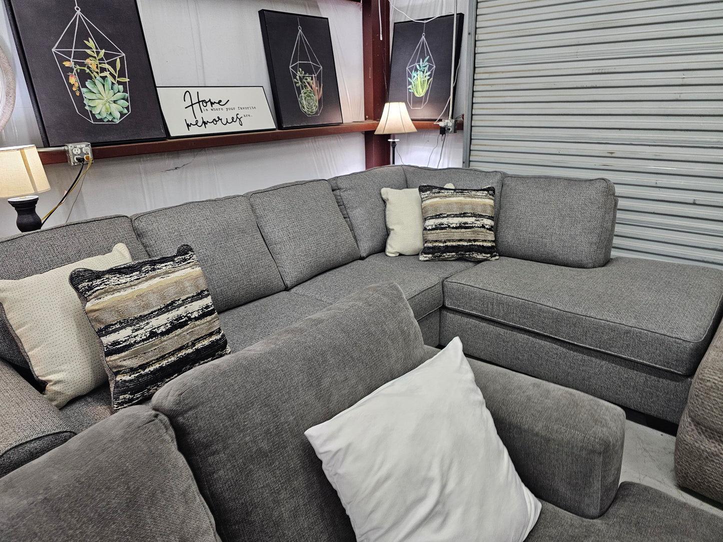 L-Shaped Gray Sectional Couch with Throw Pillows - D28