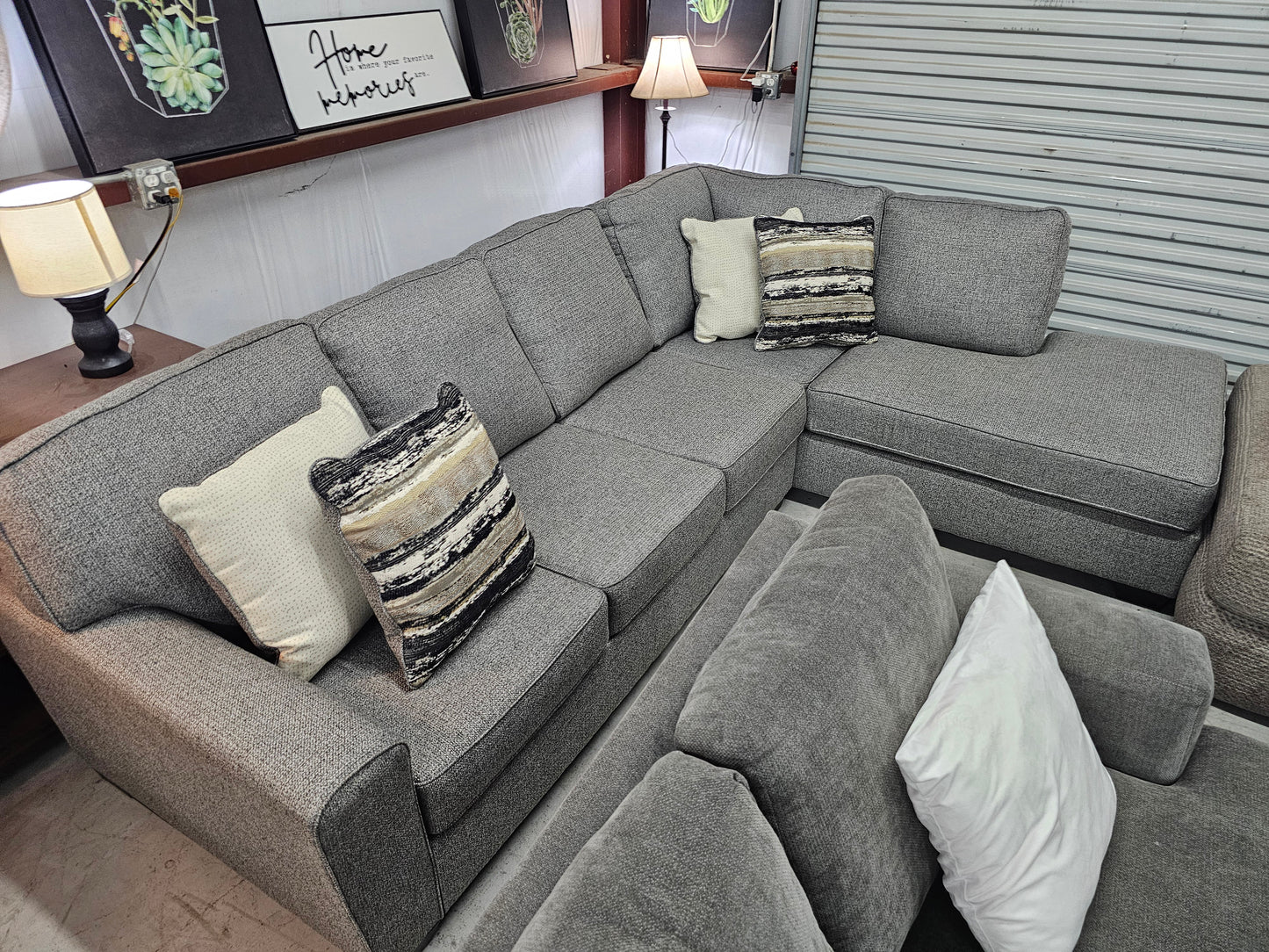 L-Shaped Gray Sectional Couch with Throw Pillows - D28