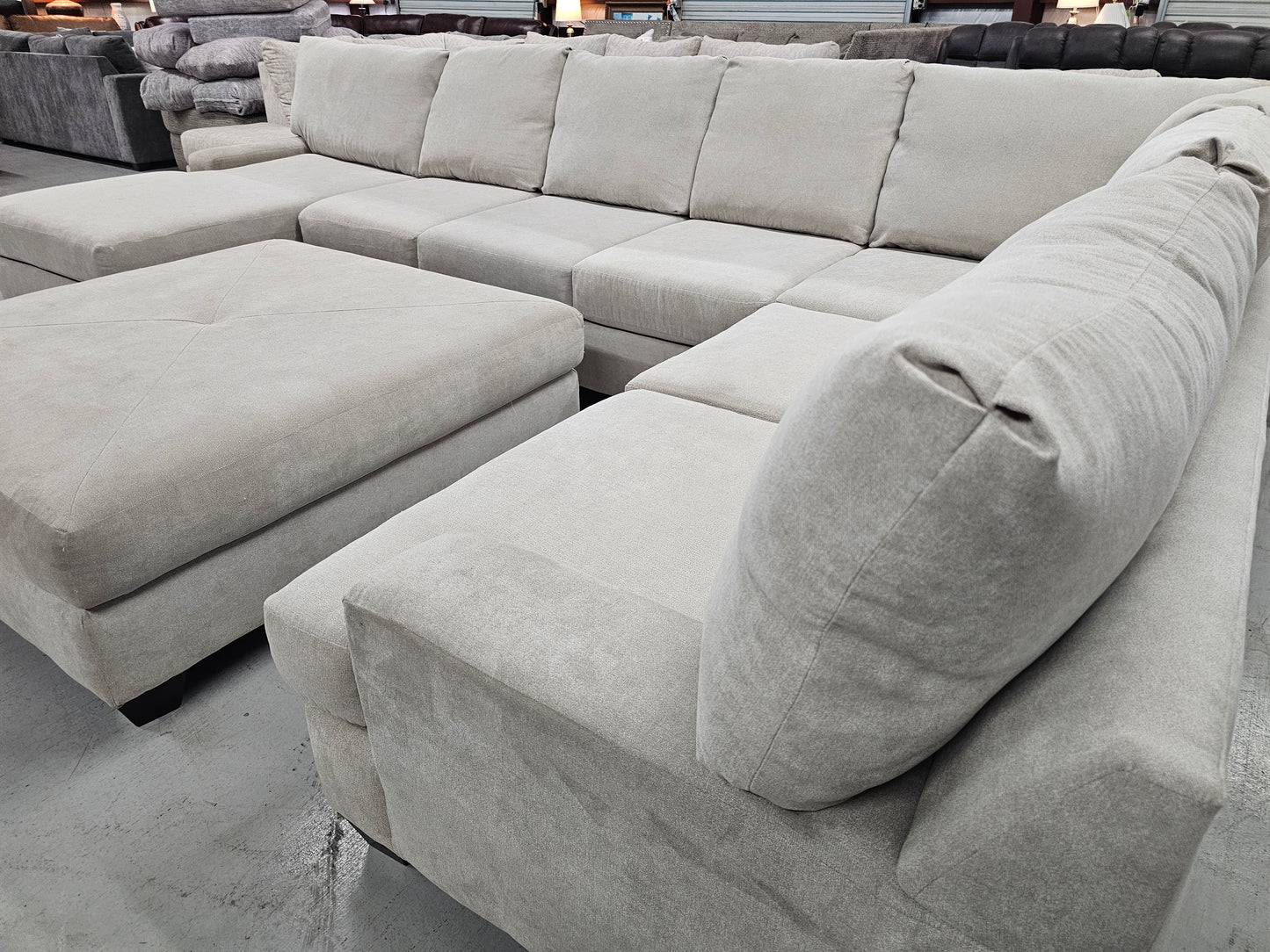 Oversized Beige U-Shaped Sectional Couch with RAF Chaise Lounge & Ottoman – Living Spaces - D38