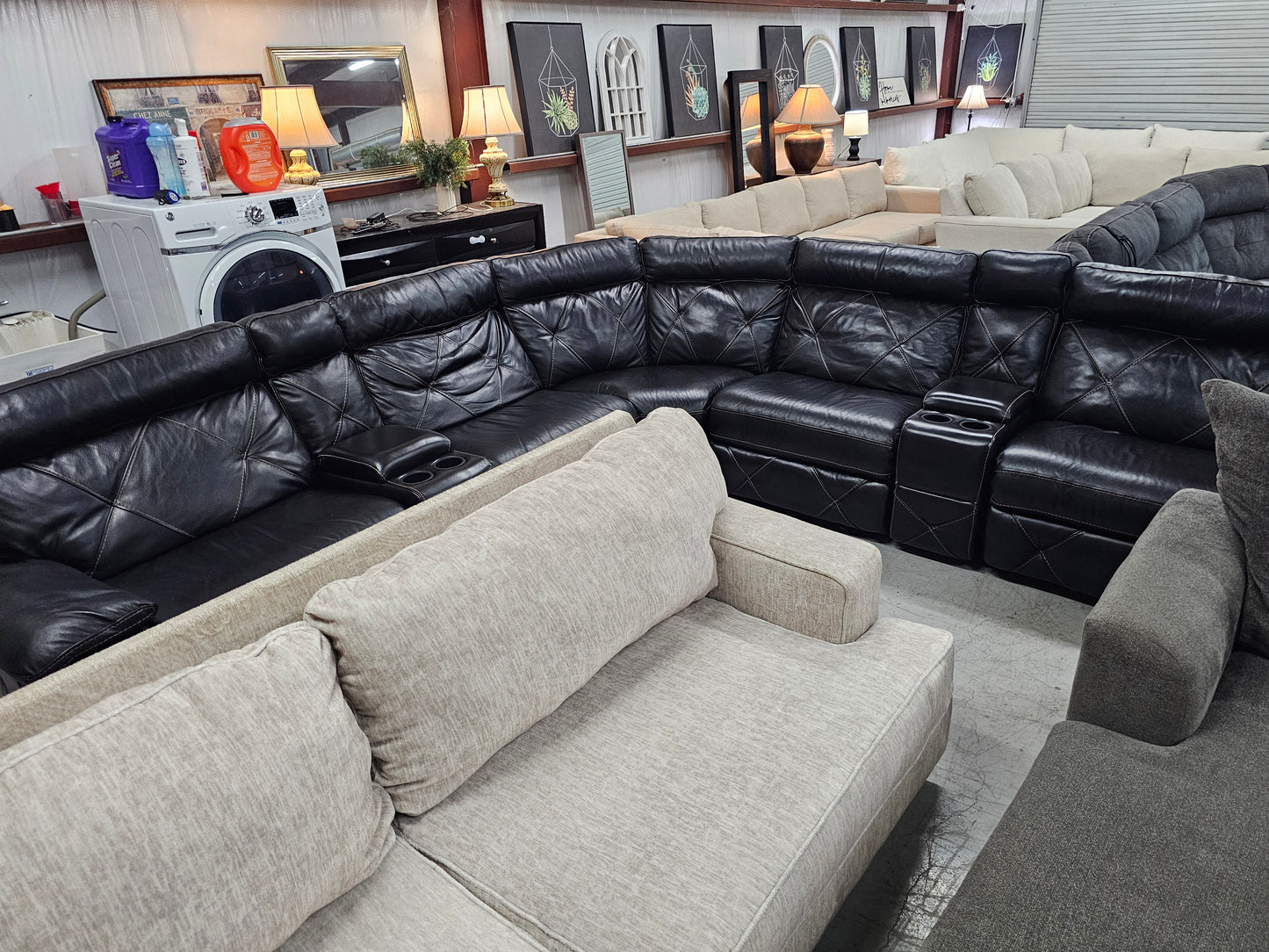 Power Reclining Dark Leather Sectional Couch with 4 Recliners - D55