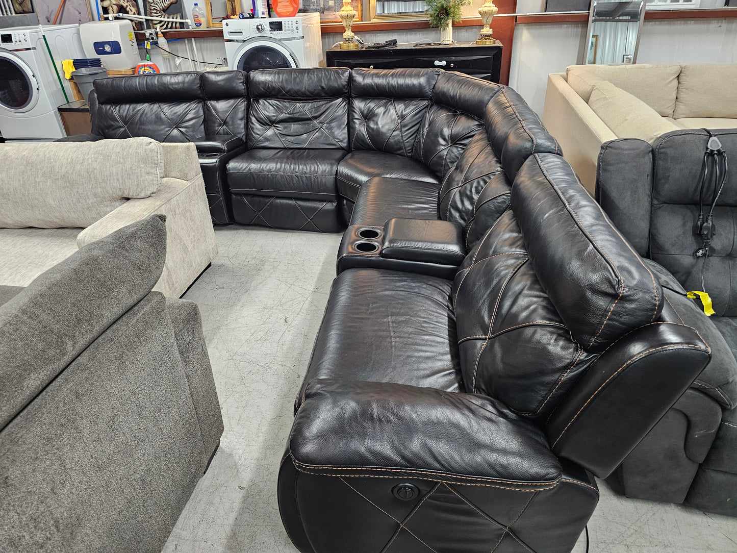Power Reclining Dark Leather Sectional Couch with 4 Recliners - D55