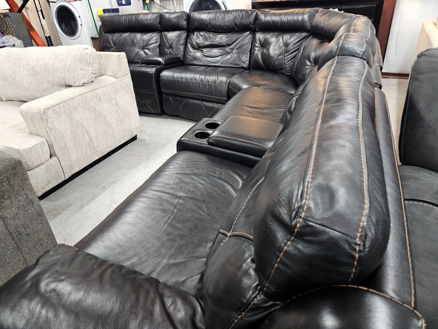 Power Reclining Dark Leather Sectional Couch with 4 Recliners - D55