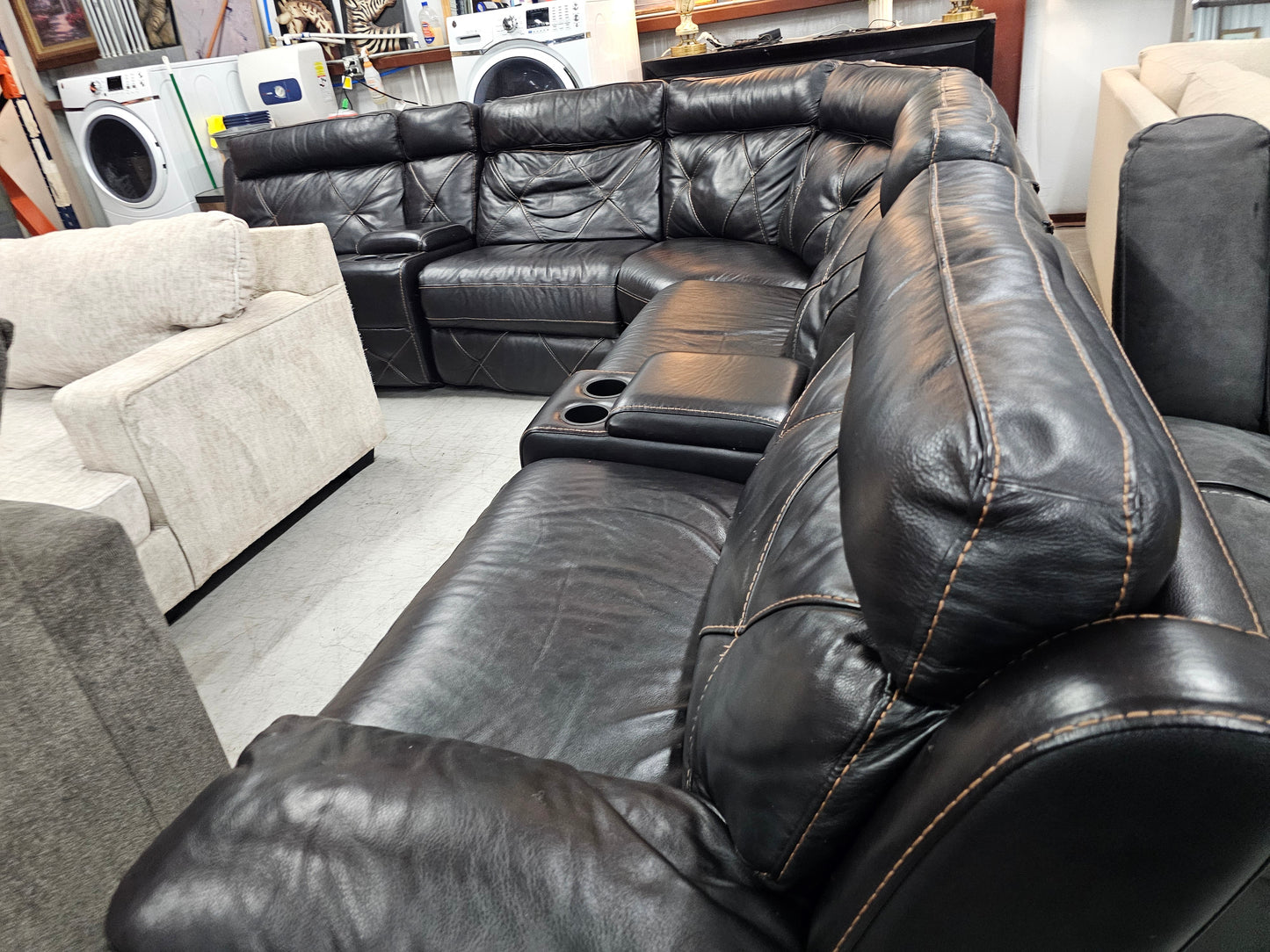 Power Reclining Dark Leather Sectional Couch with 4 Recliners - D55