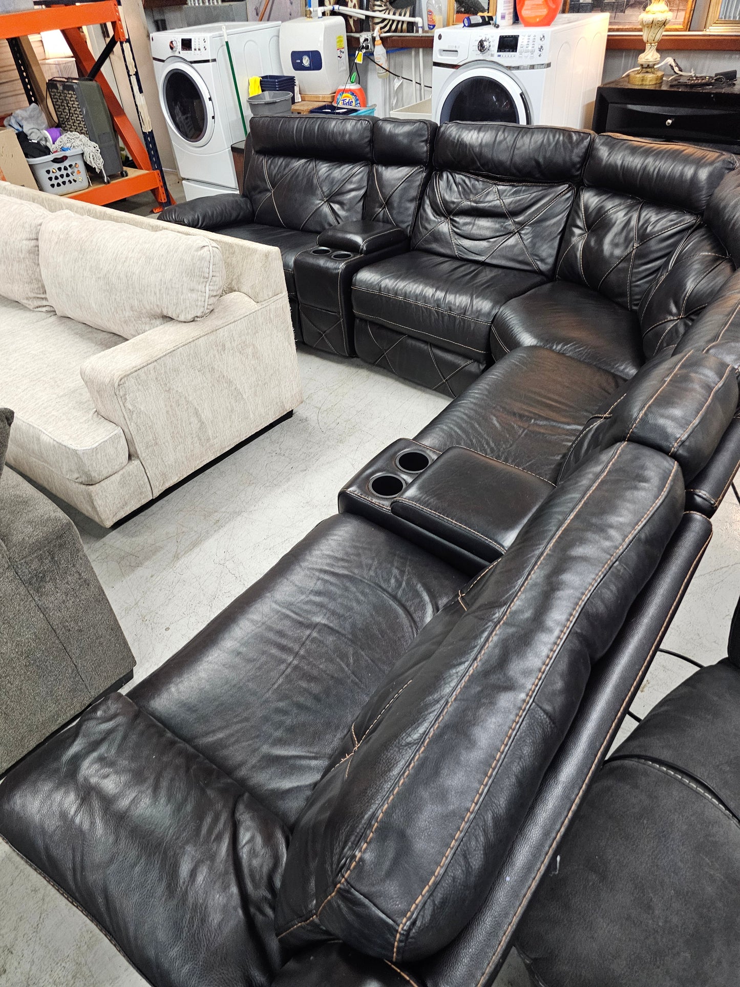 Power Reclining Dark Leather Sectional Couch with 4 Recliners - D55