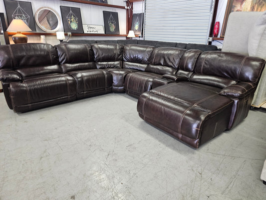 Brown leather reclining sectional couch with Chaise - D67