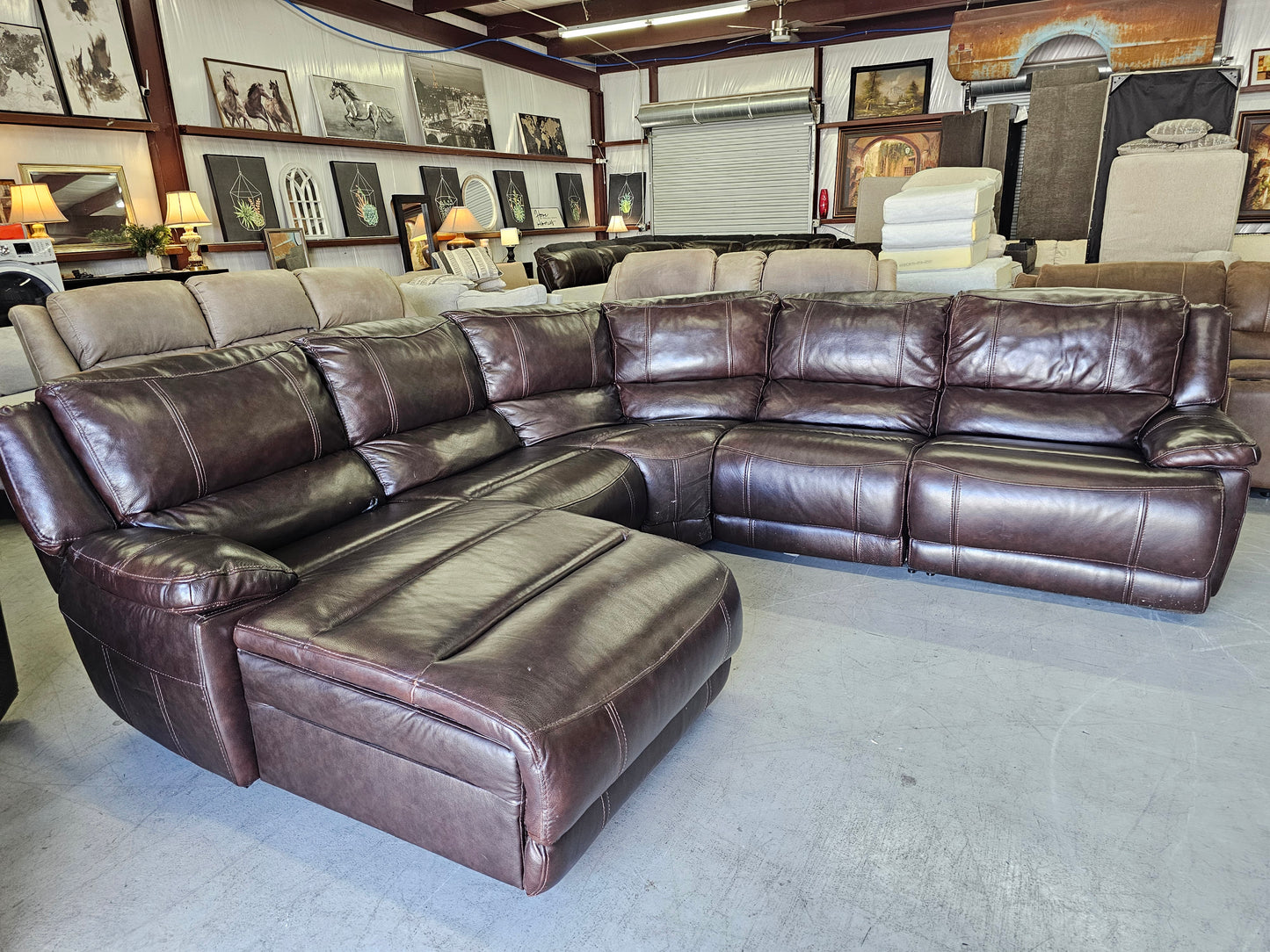 Power Reclining Dark Brown Leather Sectional with Chaise Lounge - D72