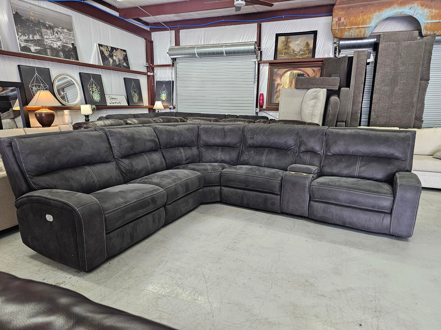 Dark Gray Power Reclining Sectional Couch with Power Headrest & Lumbar - D74