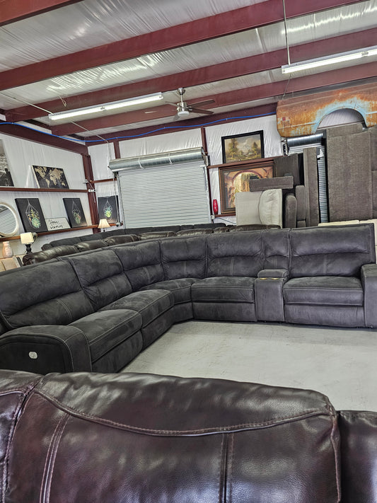 Dark Gray Power Reclining Sectional Couch with Power Headrest & Lumbar - D74