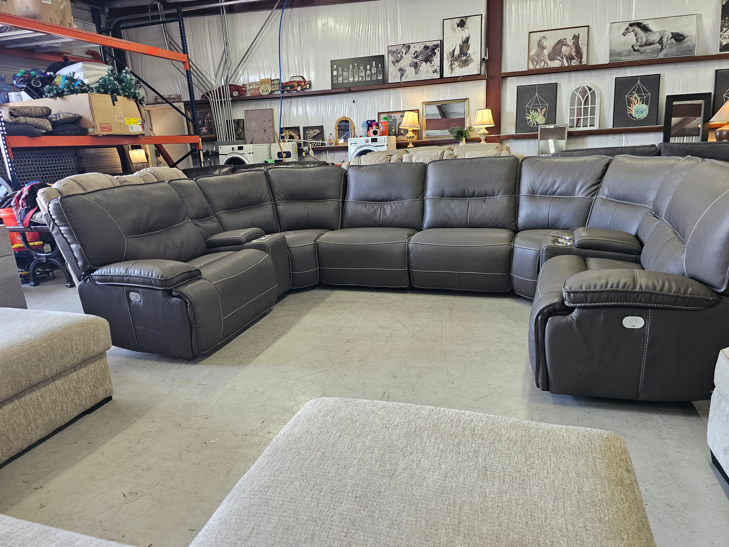 Massive Gray Leather 8PC Power Reclining Living Spaces Sectional - D77