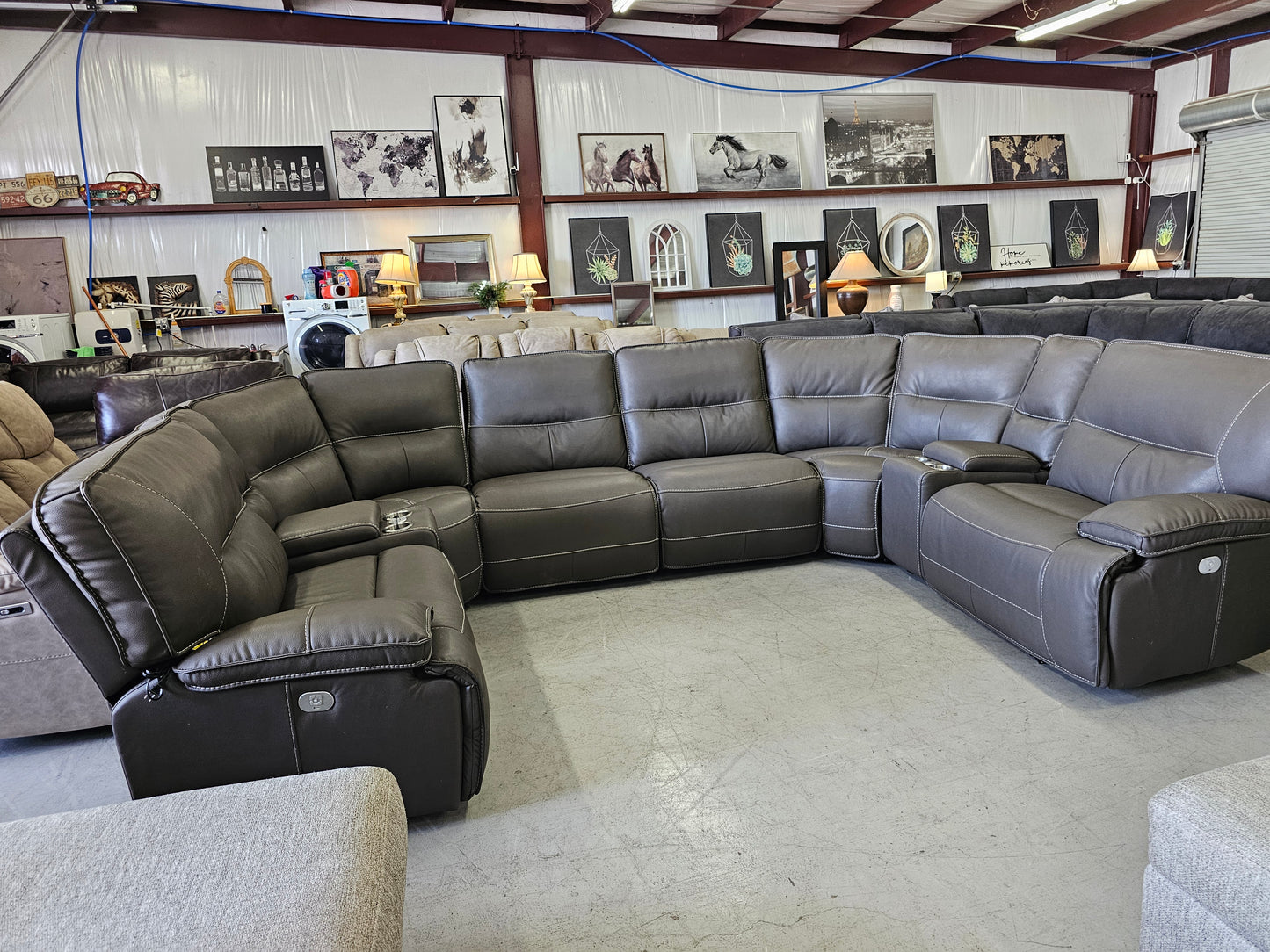 Massive Gray Leather 8PC Power Reclining Living Spaces Sectional - D77