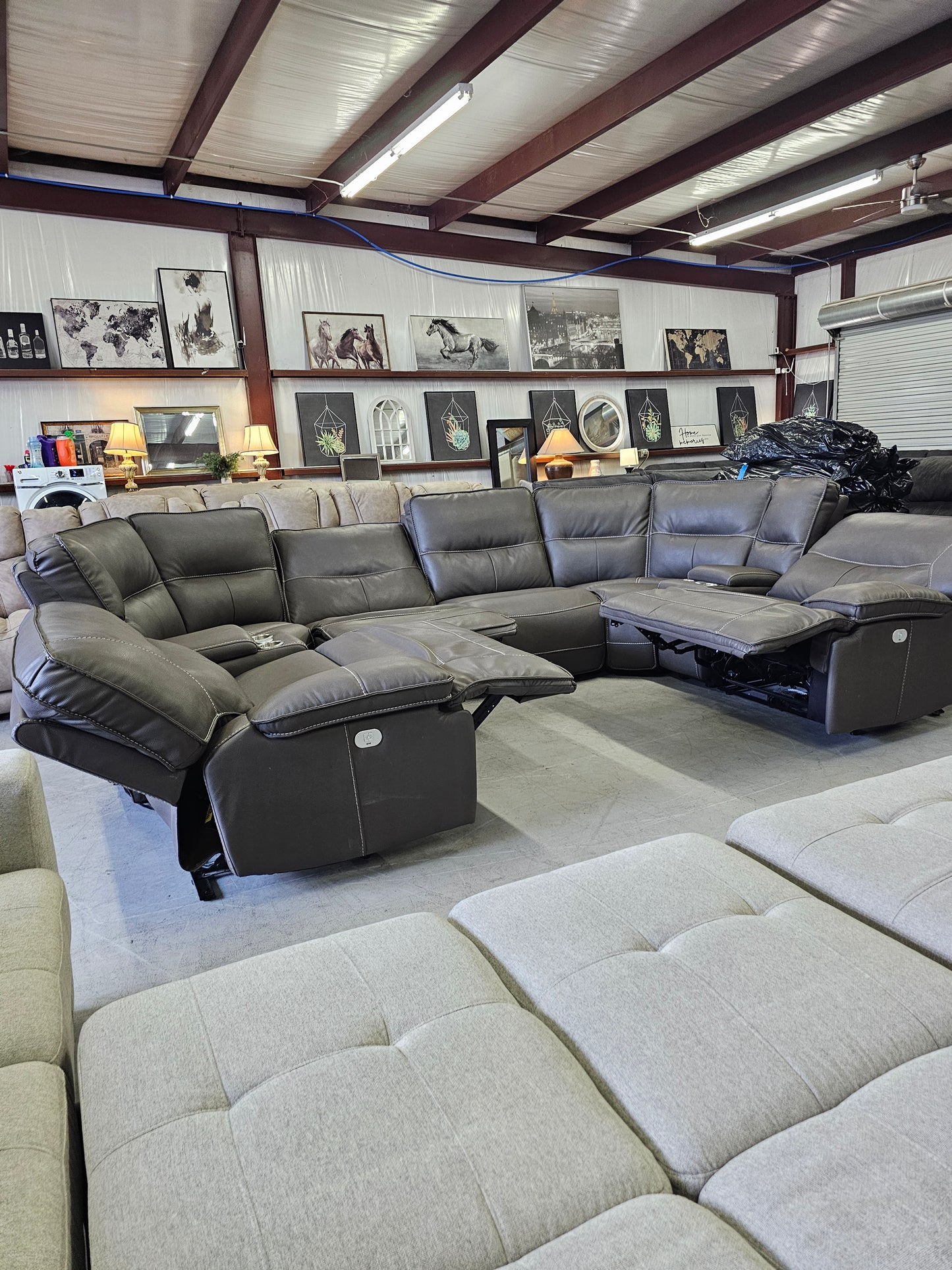 Massive Gray Leather 8PC Power Reclining Living Spaces Sectional - D77
