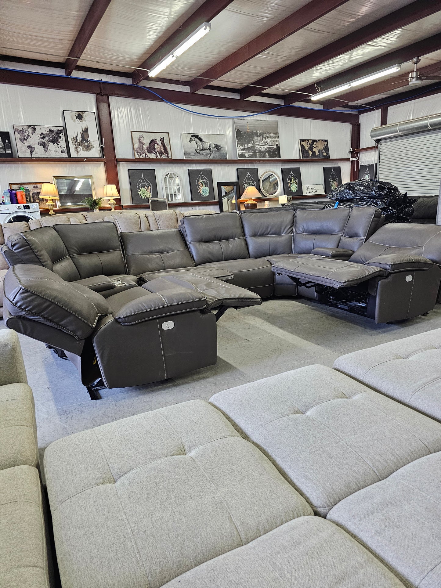 Massive Gray Leather 8PC Power Reclining Living Spaces Sectional - D77