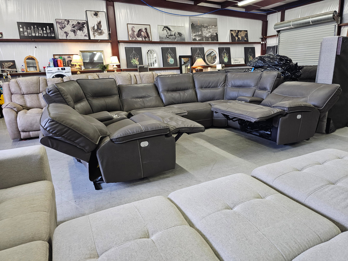 Massive Gray Leather 8PC Power Reclining Living Spaces Sectional - D77