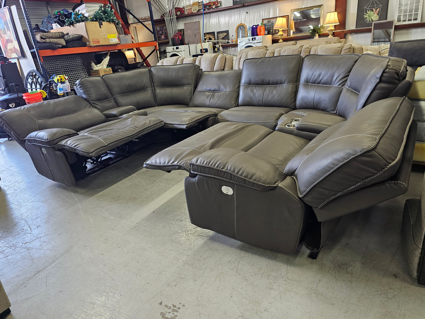 Massive Gray Leather 8PC Power Reclining Living Spaces Sectional - D77