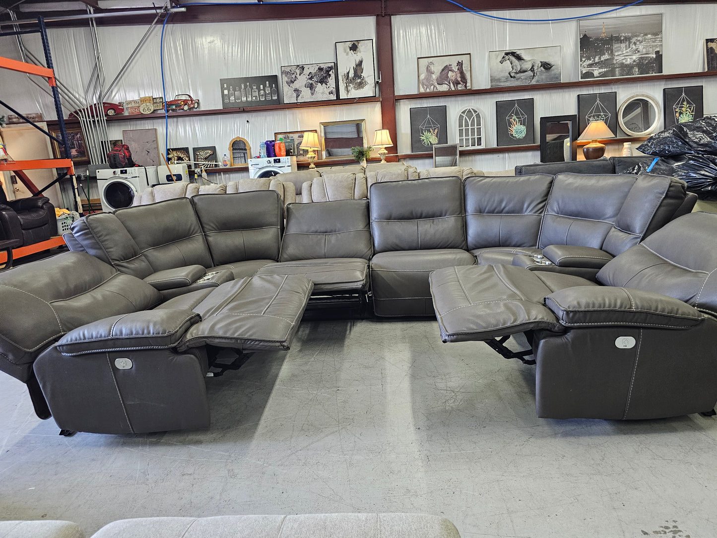 Massive Gray Leather 8PC Power Reclining Living Spaces Sectional - D77