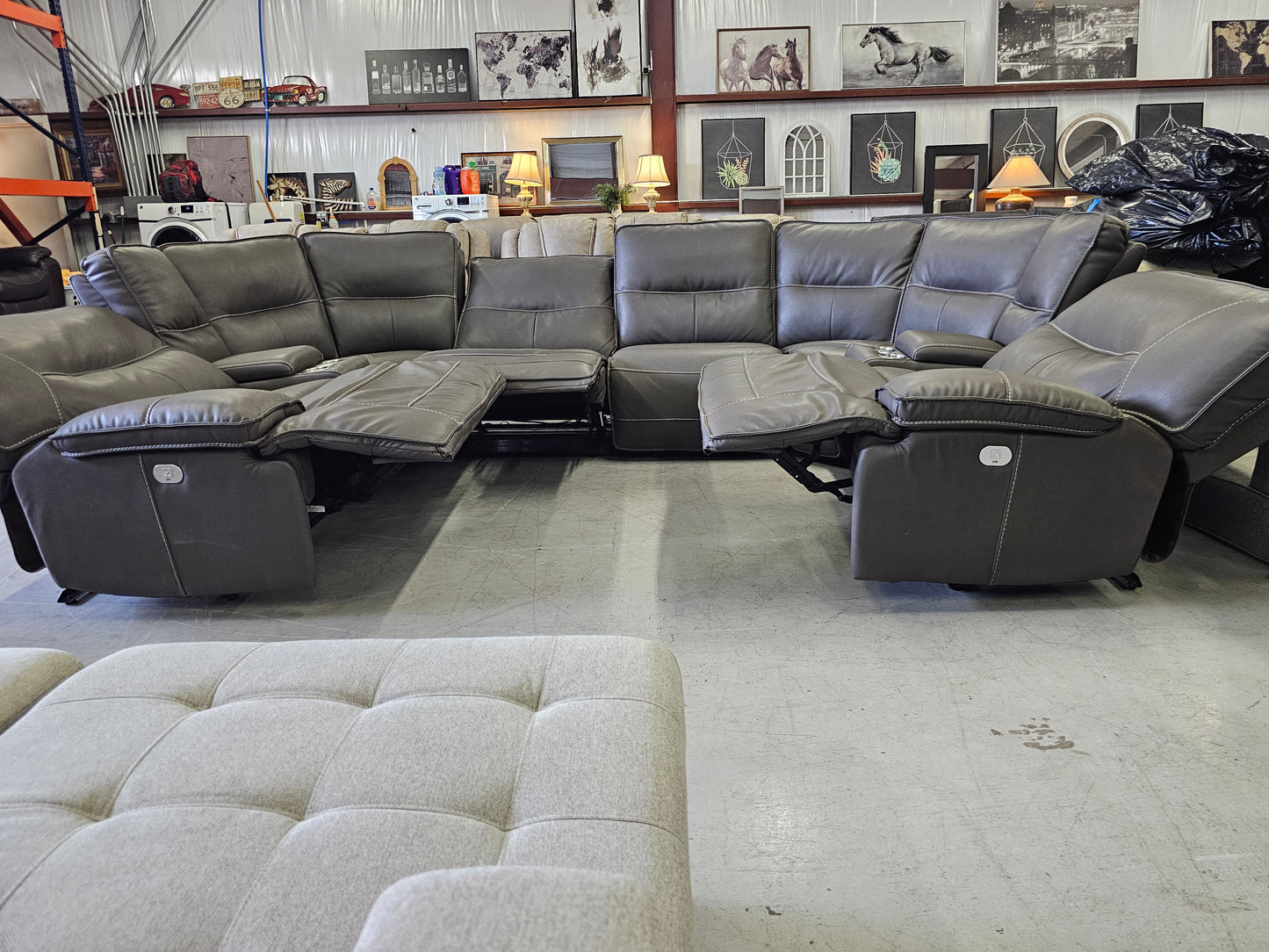 Massive Gray Leather 8PC Power Reclining Living Spaces Sectional - D77