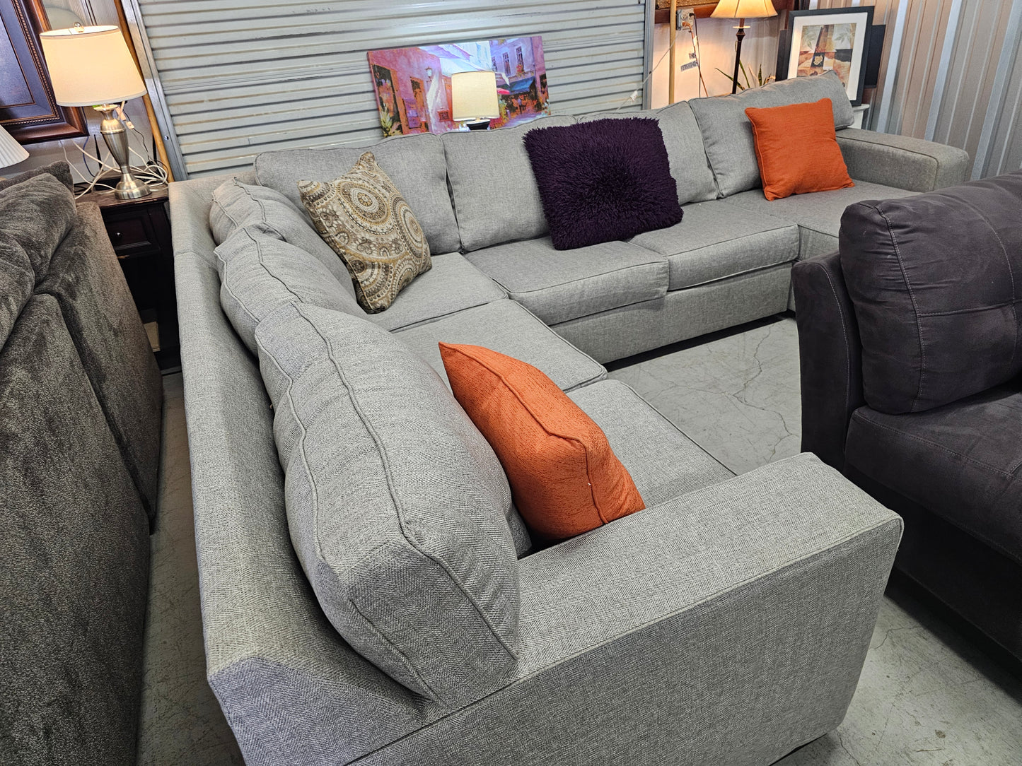 Gray U-Shaped Ashley Furniture Sectional Couch with Chaise - D82