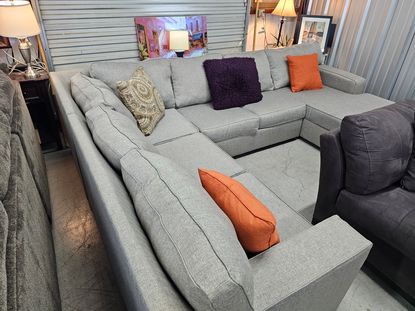 Gray U-Shaped Ashley Furniture Sectional Couch with Chaise - D82
