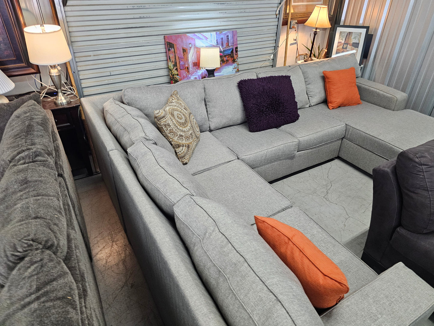 Gray U-Shaped Ashley Furniture Sectional Couch with Chaise - D82