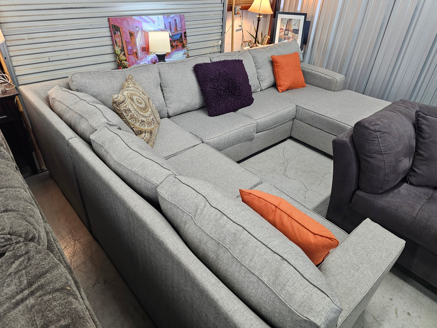 Gray U-Shaped Ashley Furniture Sectional Couch with Chaise - D82